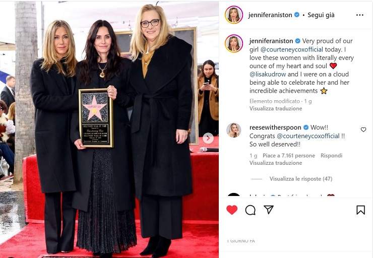 Jennifer Aniston e Lisa Kudrow insieme a Courtney Cox: la foto che ha commosso tutti