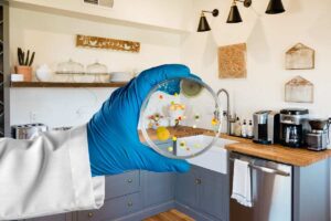 cucina e mano che mantiene un vetrino con colonia di batteri
