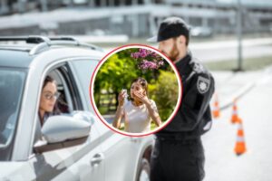 poliziotto che ferma donna in auto e altra donna che soffre di allergia